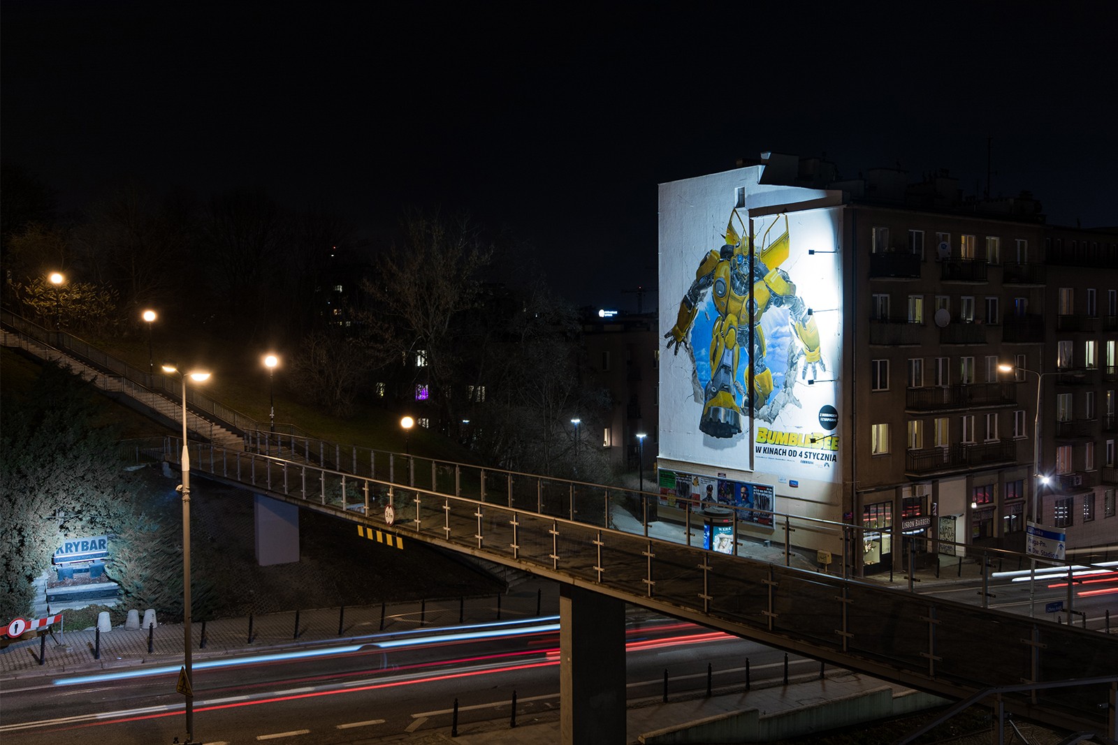 Advertising mural of the Bumblebee in Tamka in Warsaw by night | Bumblebee | Portfolio