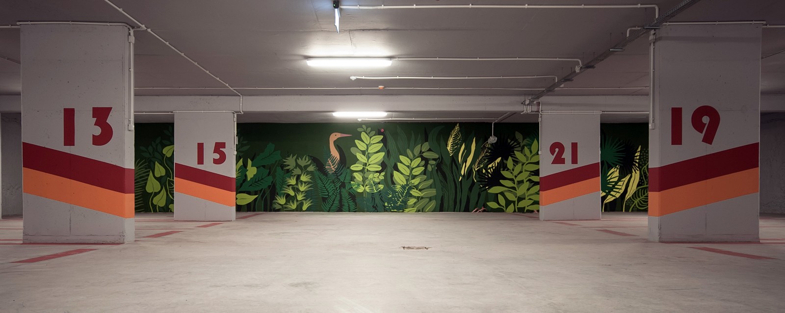Apartamentowiec Dynasy w Warszawie Parking Podziemny mural artystyczny | Mural we wnętrzu apartamentowca | Portfolio