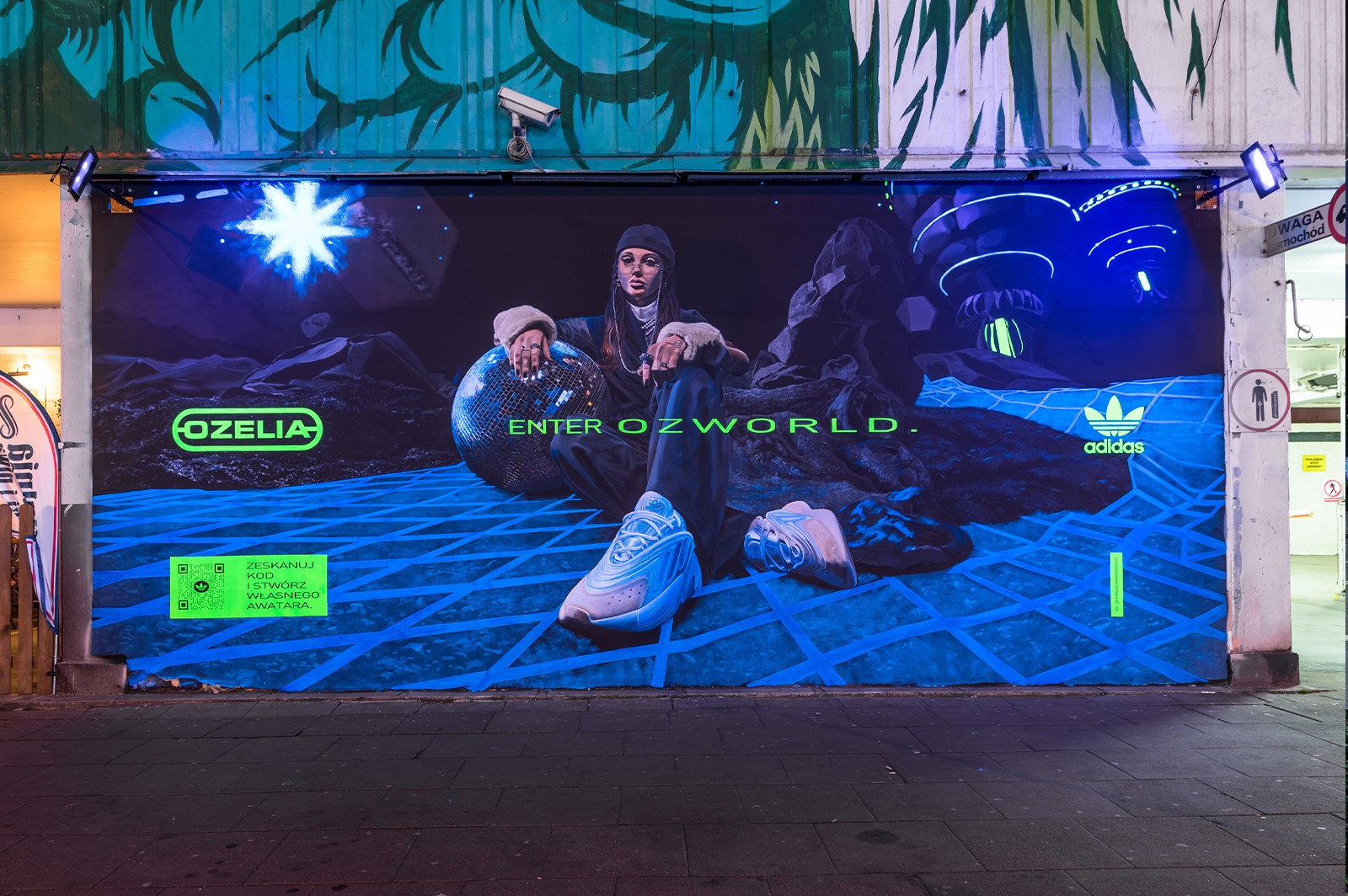 Fluo Adidas OZWORLD mural on Parkingowa in Warsaw | Enter OZWORLD | Portfolio