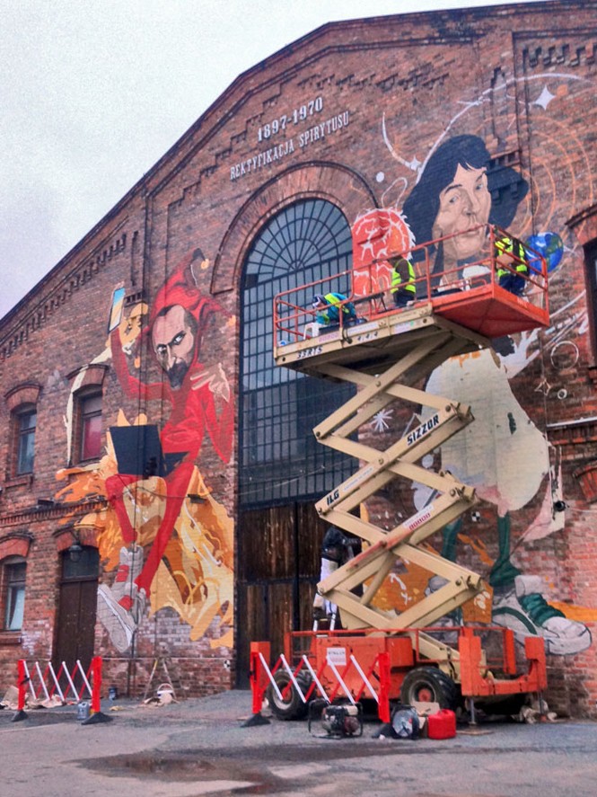 Malowidło na ścianie w Żywcu Stańczyk i Mikołaj Kopernik | Realizacja na zlecenie Żywiec - Stańczyk i Kopernik | Portfolio