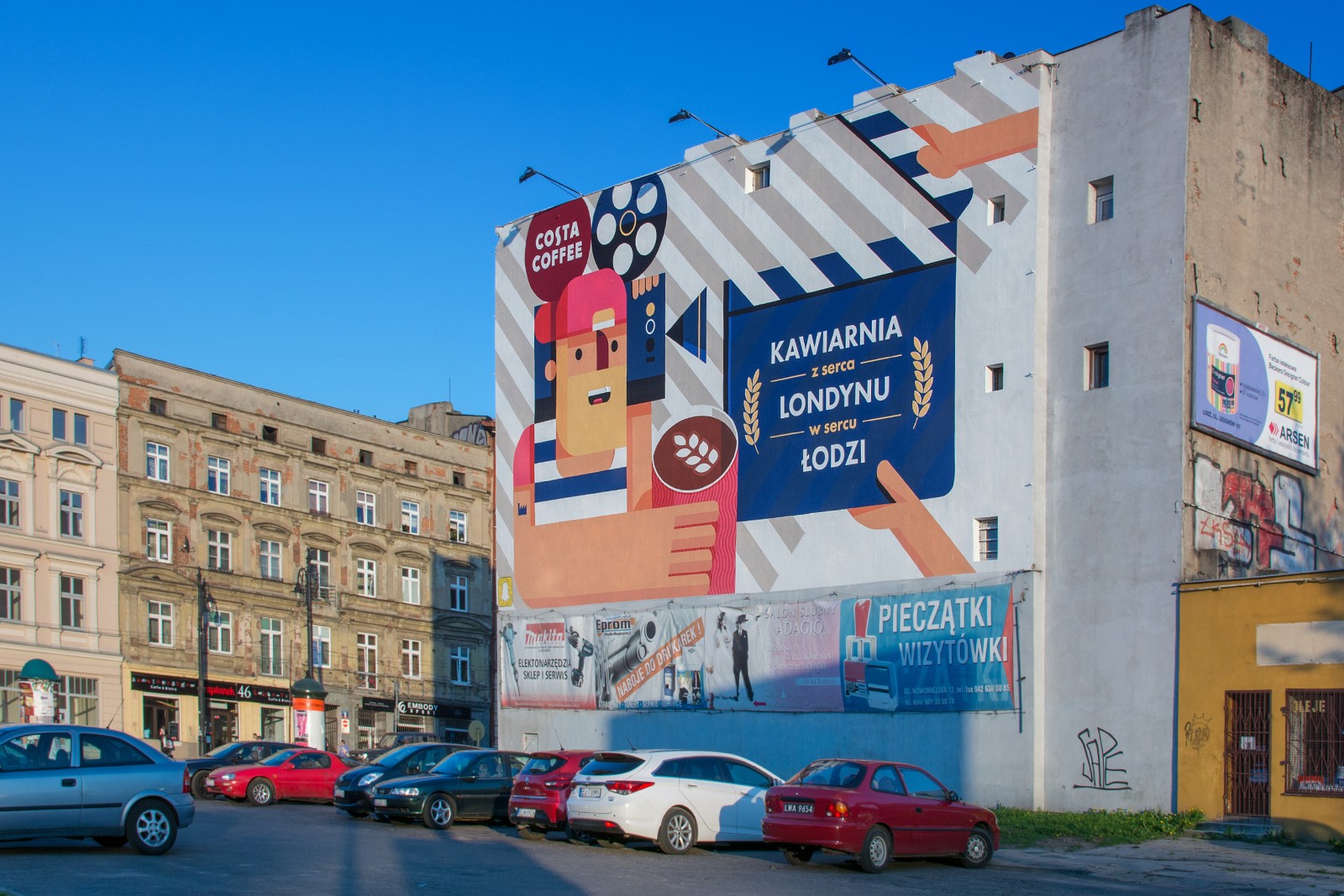 Mural namalowany dla marki Costa Coffee na ulicy Nowomiejskiej 12 w Łodzi | kampania murali dla Costa Coffee - Polscy ilustratorzy | Portfolio
