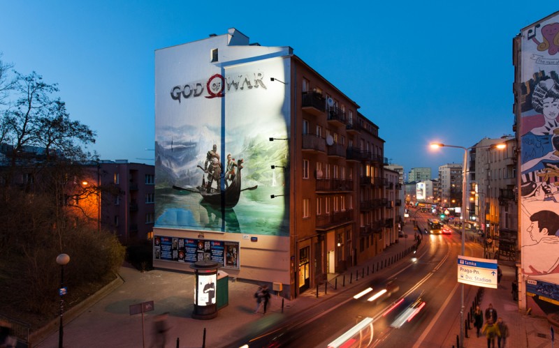 advertising mural with mapping on the wall, game promotion tamka warszawa | God of War | Portfolio