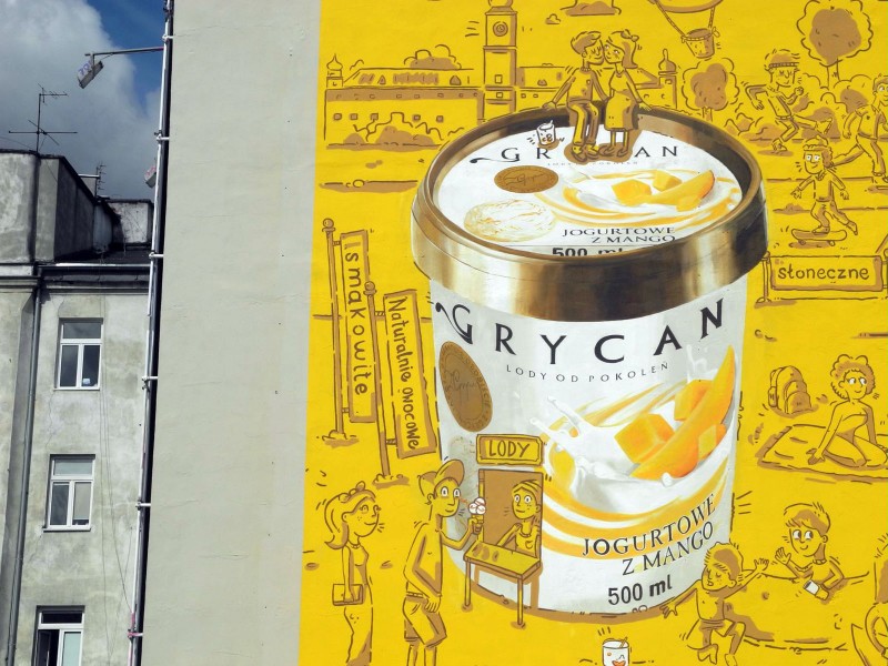 mural Warszawa Polna Metro Politechnika Grycan lody jogurtowe z mango | reklama malowana na zamówienie Grycan Lody Jogurtowe | Portfolio
